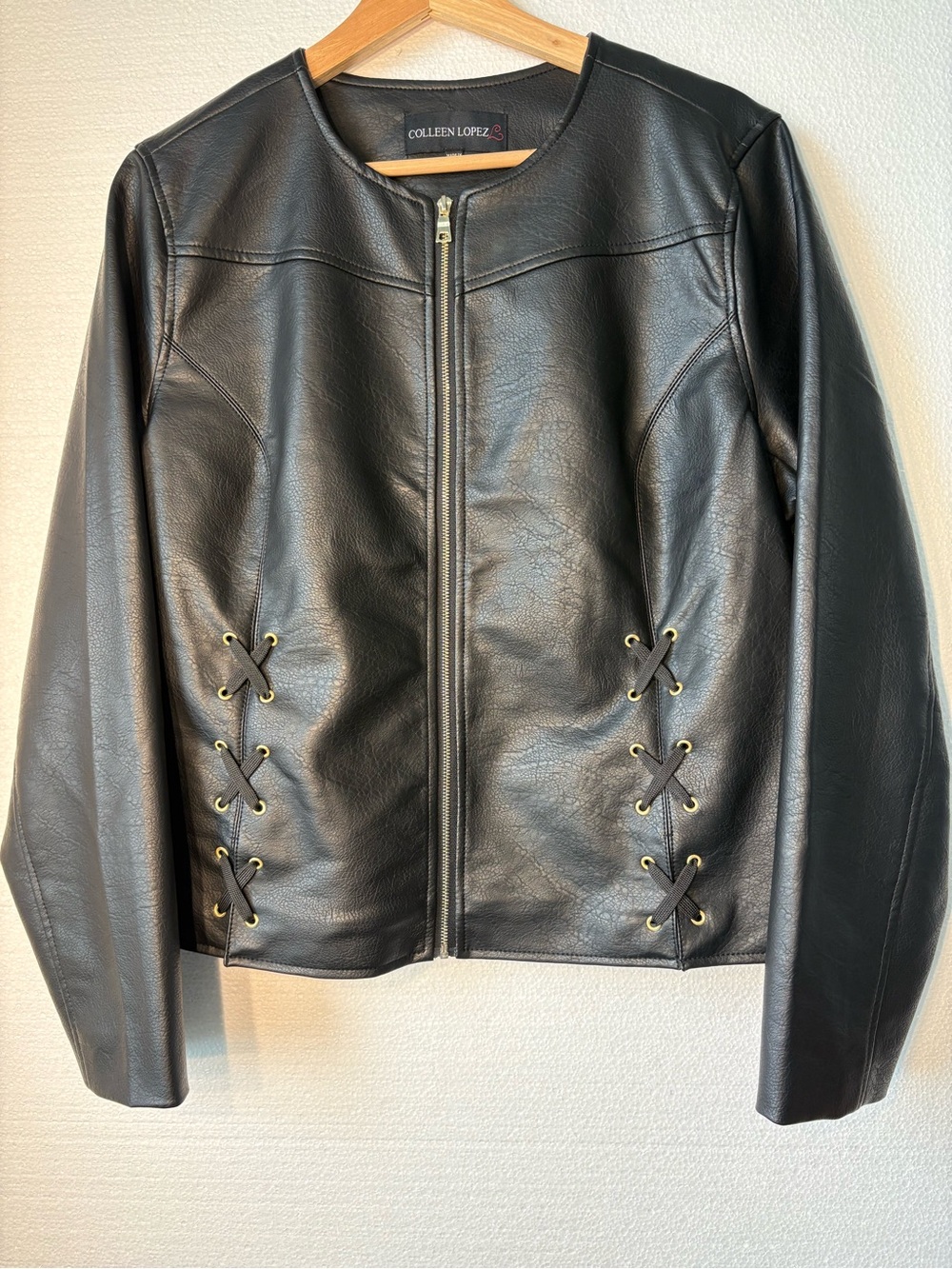 Colleen Lopez Black Faux Leather Lace-Up Front Zip Jacket, Large/ 12